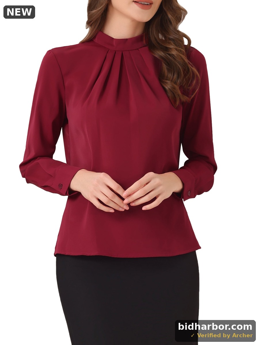 INSPIRE CHIC Fall Winter Stand Collar Chiffon Blouse for Womens Long Sleeve Business Casual Work Shirt M Dark Red