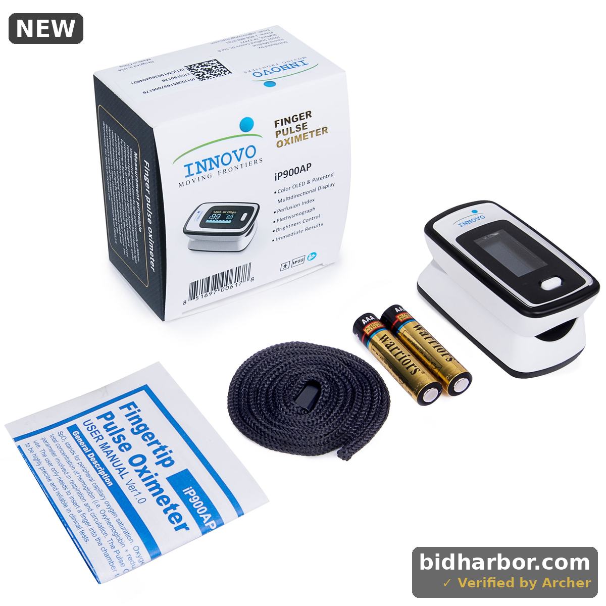 Innovo Deluxe iP900AP Fingertip Pulse Oximeter with 2 AAA Batteries, Blood Oxygen Monitor, 1 Unit
