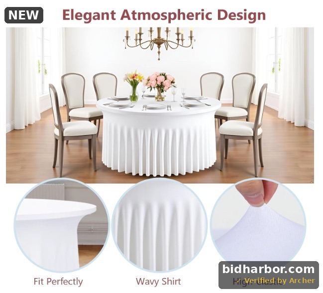 White Round Stretch-Fit Spandex Tablecloth for 60” Tables – 120” Fitted Cover